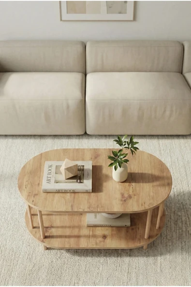Tridihome İskandinav Tarzı Atlantik çam rengi Alt Raflı Oval Orta Sehpa Dekoratif Salon Masas ürün görseli 1