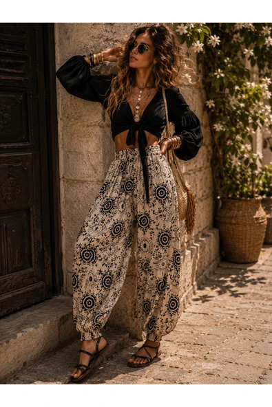 Oversize Etnik Şalvar – Siyah Ekru - Resim 2