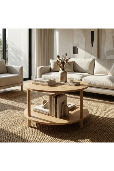 Tridihome Safir meşe Modern Kolay Kurulum İki Katlı Yuvarlak Orta Sehpa Raflı Kullanışlı ürün görseli 1