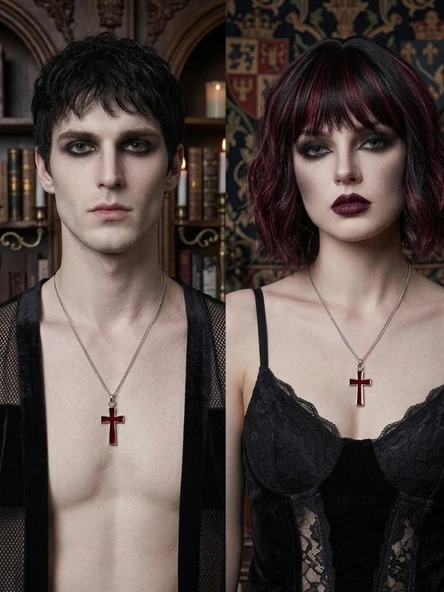 Unisex Gotik Haç Kolye Kırmızı Gri Gümüş – Vintage Cross Kolye, Retro Zincir Kolye, Kadın Erkek Punk Gothic ürün görseli 1