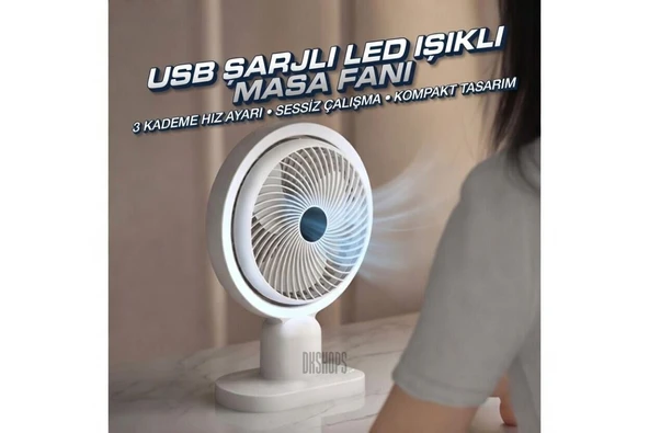 USB Şarjlı Lambalı Masaüstü Mini Fan – 3 Kademeli Hız Ayarlı 180 Derece Vantilatör ürün görseli 1