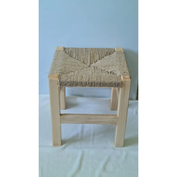 El Yapımı Jüt İp Örgülü Masif Çam Ahşap Tabure 34 cm ürün görseli 1