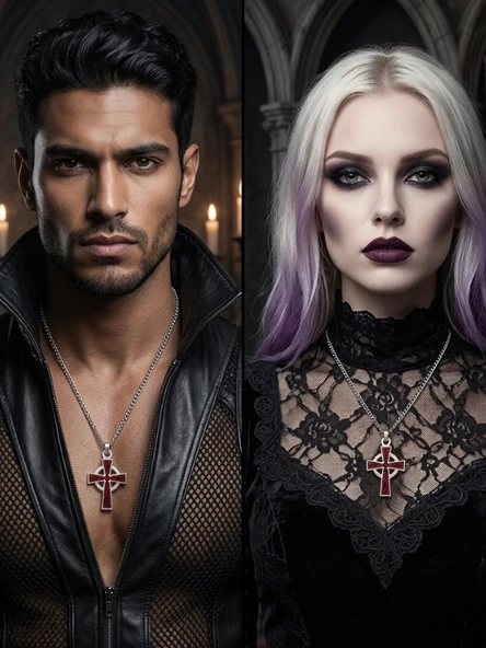 Feronnucci Unisex Gotik Haç Kolye Kırmızı Gri Gümüş – Vintage Cross Kolye, Retro Zincir Kolye, Kadın Erkek Punk Kolye HC05 ürün görseli 1