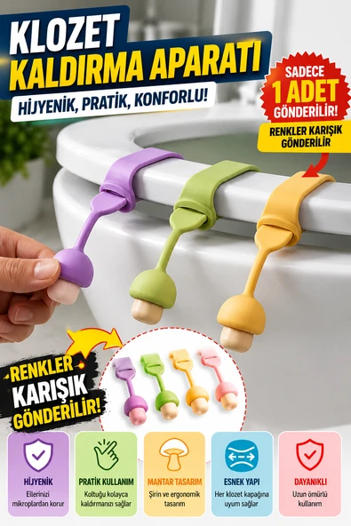 1 Adet Mantar Tasarımlı Klozet Kapağı Kaldırma Aparatı Silikon Hijyenik Tutacak Renkli 24 cm ürün görseli 1