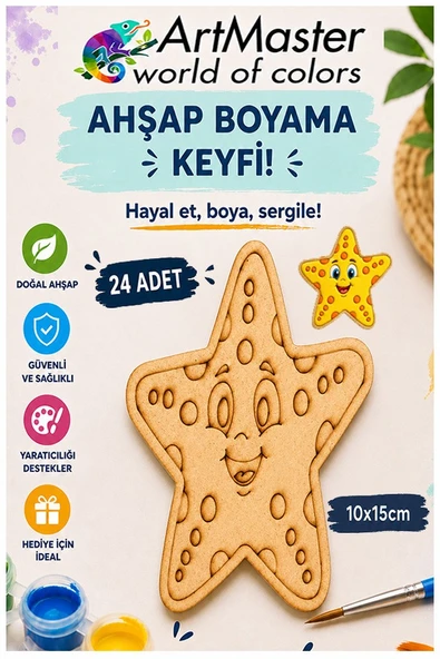 Ahşap Boyama Deniz Yıldızı 24 Adet 10x15cm Boyama Deniz Figürü Etkinlik Çoçuk Gelişim Motor Beceri Kreş Anasınıfı ürün görseli 1