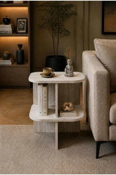 Tridihome Modern Yan Sehpa Raflı Komodin C Sehpa Dekoratif Salon Sehpası TRAVERTEN ürün görseli 1