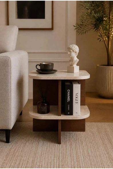 Tridihome Modern Yan Sehpa Raflı Komodin C Sehpa Dekoratif Salon Sehpası CEVİZ&TRAVERTEN ürün görseli 1