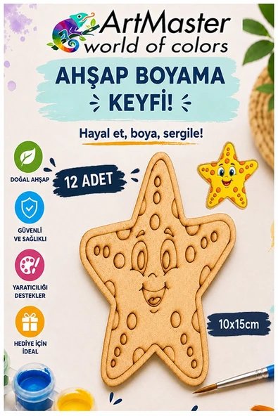 Ahşap Boyama Deniz Yıldızı 12 Adet 10x15cm Boyama Deniz Figürü Etkinlik Çoçuk Gelişim Motor Beceri Kreş Anasınıfı ürün görseli 1