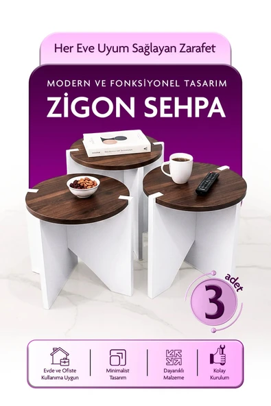 Tridihome 3lü Zigon Sehpa Ceviz Beyaz Modern Dekoratif Yan Sehpa Takımı (METALİK CEVİZ) ürün görseli 1