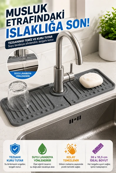 Mutfak Banyo Lavabo Musluk Kenarı Silikon Mat Gri Su Yönlendiren Tezgah Koruyucu 30x10,5 cm ürün görseli 1