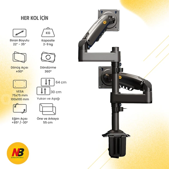 North Bayou NB-H180 Çift Kollu Amortisörlü Monitör Standı (22inç-32inç Kol Başı 12 Kg) - 360 Derece Hareketli Profesyonel Ağır Hizmet Masa Askı Aparatı ürün görseli 1