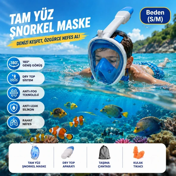 HyMark Tam Yüz Şnorkel Maske (S-M) Beden Panoramik Görüşlü Deniz Gözlüğü Dry Top Sistem Şnorkel Seti ürün görseli 1