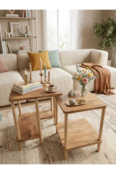 Tridihome Modern Atlantik Çam Rengi Zigon Sehpa İkili Set Minimal Tasarım Yan Sehpa Dekoratif Ahşap ürün görseli 1