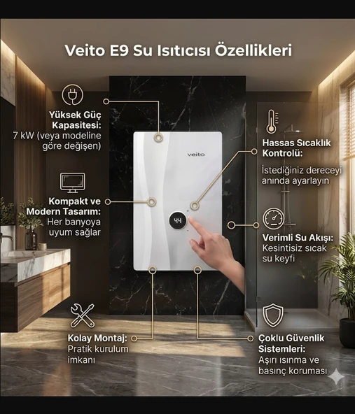 Veito Speed E9 Dokunmatik Dijital Ekranlı Ani Su Isıtıcısı Şofben - 9 kW Güçlü Isıtma, IP25 Su Geçirmezlik Tasarımlı Şofben Elektirikli Şofben (Montaj dahil değildir.) ürün görseli 1