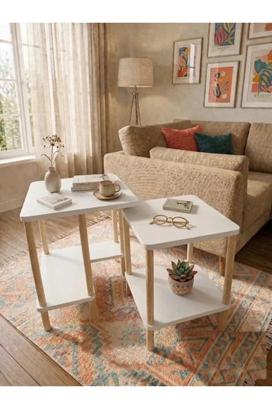 Tridihome Modern Beyaz Zigon Sehpa İkili Set Minimal Tasarım Yan Sehpa Dekoratif Ahşap ürün görseli 1