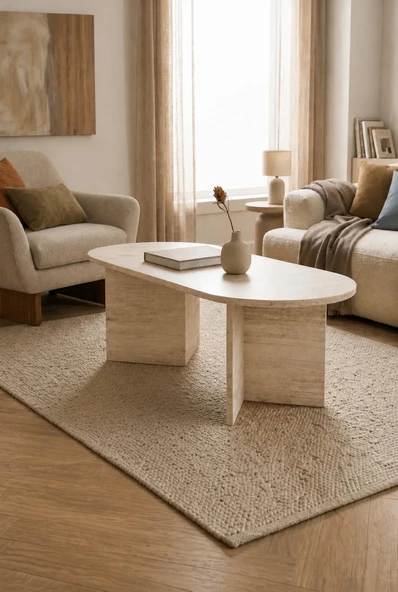 Tridihome Modern Oval Orta Sehpa Minimal Ahşap Salon Sehpası Şık Tasarım Traverten rengi ürün görseli 1