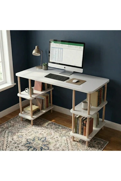 Tridihome Beyaz Çalışma Masası Raflı Modern Tasarım Kolay Kurulum Dayanıklı Kullanışlı ürün görseli 1