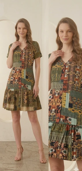 ŞERİCE Kadın Patchwork Desenli Önü Düğmeli Fırfırlı Otantik Elbise ürün görseli 1