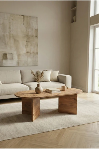 Tridihome Modern Oval Orta Sehpa Minimal Ahşap Salon Sehpası Şık Tasarım Safir Meşe&bal meşe rengi ürün görseli 1