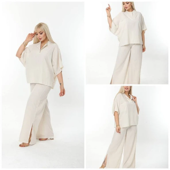 ŞERİCE Kadın Bej Keten Oversize ( Rahat Kesim ) Gömlek ve Bol Paça Pantolon İkili Takım ürün görseli 1