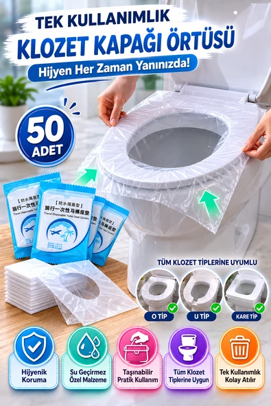 Tek Kullanımlık Klozet Kapağı Örtüsü 50 Adet Hijyenik Seyahat Tipi Tuvalet Koruyucu Kılıf Seti ürün görseli 1