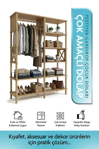Tridihome Çocuk Odası Açık Gardırop Askılı Raflı MDF Kıyafet Dolabı Organizer Düzenleyici ürün görseli 1