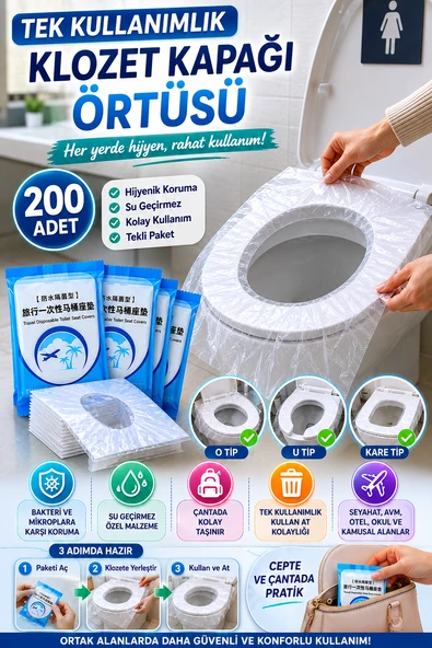 200 Adet Tek Kullanımlık Klozet Kapağı Örtüsü Hijyenik Seyahat Tipi Tuvalet Koruyucu Kılıf Seti ürün görseli 1