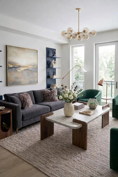 Tridihome Traverten Orta Sehpa Modern Ceviz Ayaklı Dikdörtgen Doğal Taş görünüm Salon Sehpası Premium Tasarım ürün görseli 1