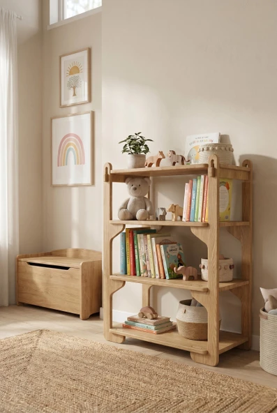 Tridihome Montessori Çocuk Kitaplığı ve Oyuncak Rafı Vidasız Geçmeli Sistem 18mm MDF ürün görseli 1