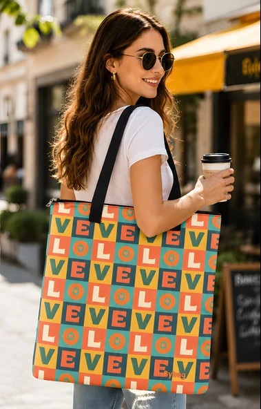 Bybag Love Retro Desenli Kadın Omuz Çantası - Fermuarlı Büyük Boy Oxford Kumaş Günlük Tote Bag 40x35 cm ürün görseli 1