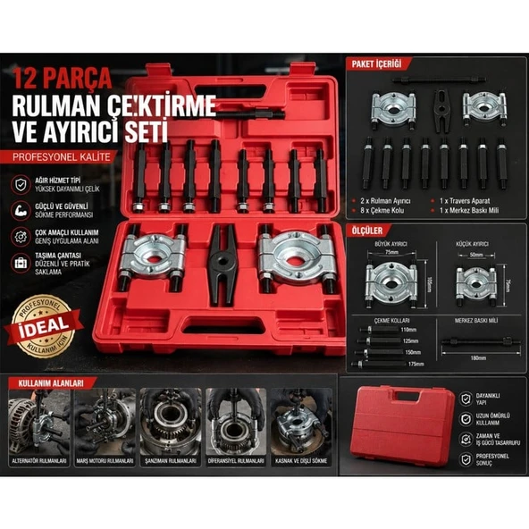 Profesyonel 12 Parça Rulman Çektirme ve Ayırıcı Seti Bearing Separator Puller Kit Çantalı Ağır Hizmet Tipi ürün görseli 1