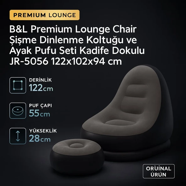 B&L Premium Lounge Chair Şişme Dinlenme Koltuğu ve Ayak Pufu Seti Kadife Dokulu JR-5056 122x102x94 cm ürün görseli 1
