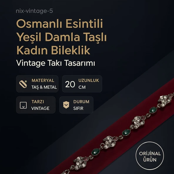Osmanlı Esintili Yeşil Damla Taşlı Kadın Bileklik Vintage Takı Tasarımı ürün görseli 1