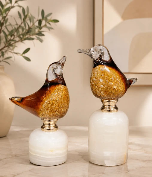 2'li Üfleme Cam Dekoratif Kuş Biblo Beyaz Kaideli Amber Renkli El Yapımı Masaüstü Süs Objesi (17-21 Cm) ürün görseli 1