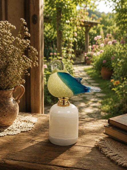 Üfleme Cam Dekoratif Kuş Biblo Beyaz Kaideli Turkuaz Renkli El Yapımı Masaüstü Süs Objesi (21 Cm) ürün görseli 1