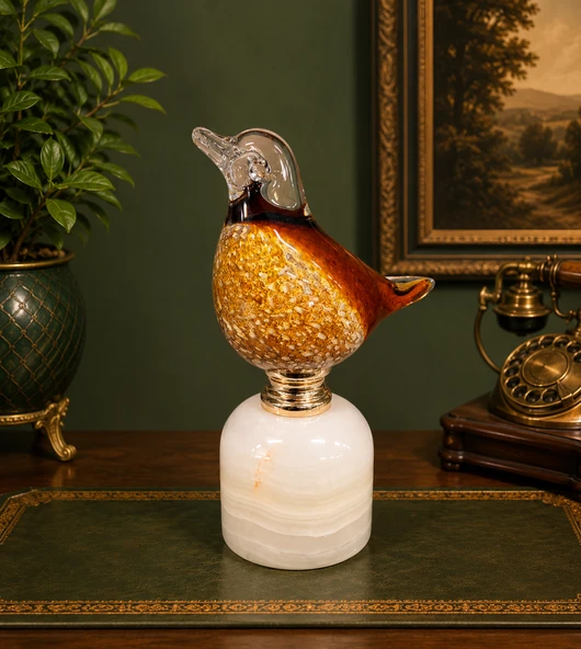 Üfleme Cam Dekoratif Kuş Biblo Beyaz Kaideli Amber Renkli El Yapımı Masaüstü Süs Objesi (17 Cm ) ürün görseli 1