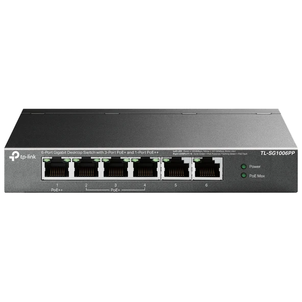 TP-LINK TL-SG1006PP, 6 Port, GigaBit, 4 Port PoE 64W, Yönetilemez, Metal Kasa, Masaüstü Switch ürün görseli 1