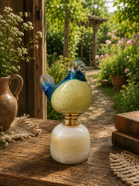 Üfleme Cam Dekoratif Kuş Biblo Beyaz Kaideli Turkuaz Renkli El Yapımı Masaüstü Süs Objesi (17 Cm ) ürün görseli 1