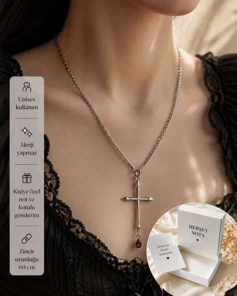 Gotik Kan Damlası Haç Kolye – Unisex Alternatif Tarz Kırmızı Taş Detaylı Kolye ürün görseli 1