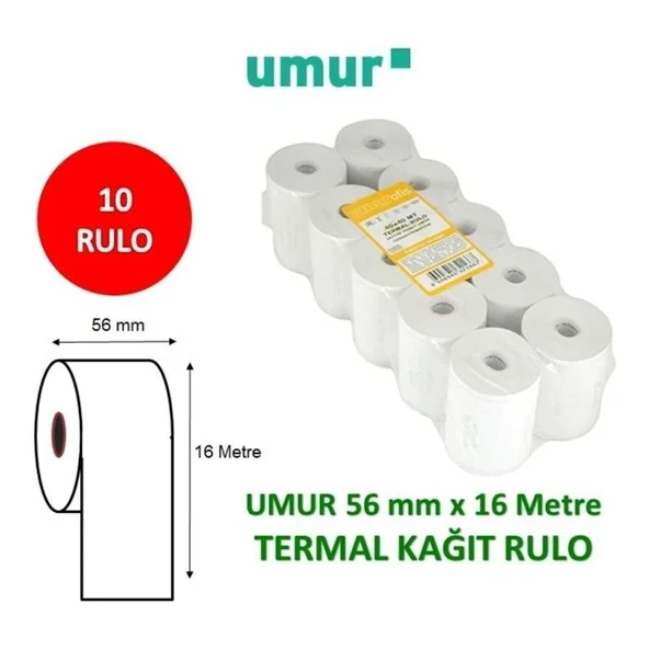 Umur Yazar Kasa Rulosu Termal 10'lu 56 mm x 16 Metre Beyaz Renkli Kağıt ürün görseli 1