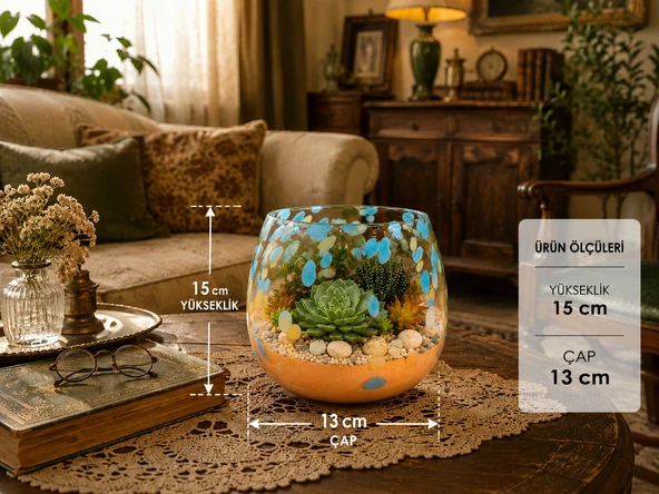 15x13 cm Ölçülerinde Üfleme Cam Teraryum Saksı Seti Turuncu Mavi Benekli Dekoratif Cam Kase Vazo ürün görseli 1