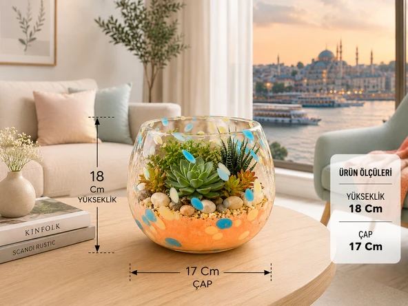 18x17 cm Ölçülerinde Üfleme Cam Teraryum Saksı Seti Turuncu Mavi Benekli Dekoratif Cam Kase Vazo ürün görseli 1