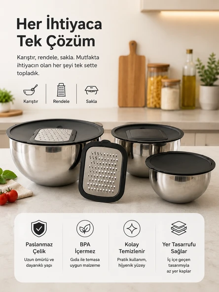 BOYRAZ 3 LÜ PASLANMAZ ÇELİK KARIŞTIRMA KABI - Resim 2