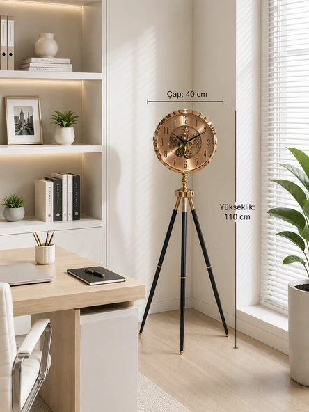 Gold Metal Ayaklı Dekoratif Salon Saati 110 cm  40 cm Çaplı Tripod Tasarımlı Retro Lüks Yer Saati ürün görseli 1