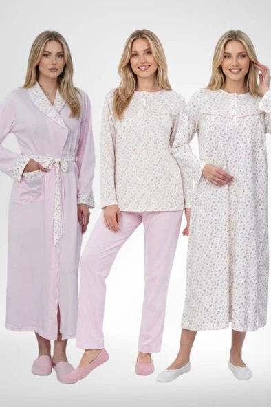 Mecit 6384 Pembe Büyük Beden Kadın Sabahlık Pijama Gecelik Seti ürün görseli 1