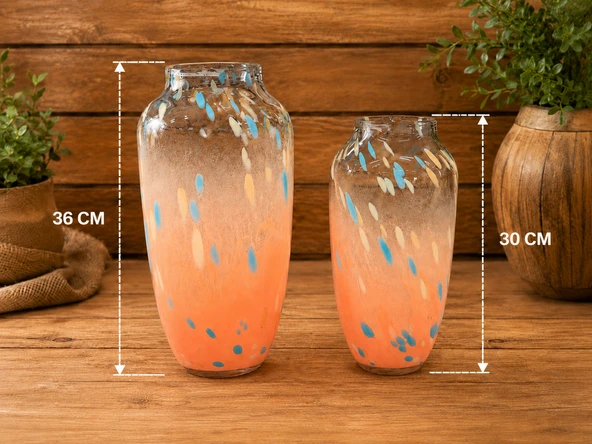 2’li Üfleme Cam Vazo Seti Turuncu Mavi Desenli Dekoratif Cam Vazo Büyük 36 cm Küçük 30 cm ürün görseli 1