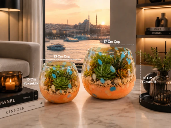 2’li Üfleme Cam Teraryum Saksı Seti Turuncu Mavi Benekli Dekoratif Cam Kase Vazo  15x13 cm ve 18x17 cm ürün görseli 1