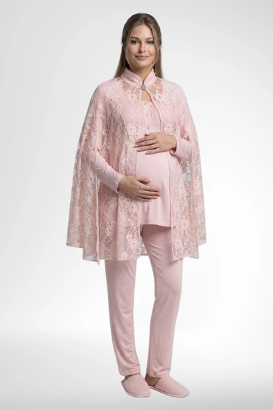 Mecit 6402 Bayan Pudra Dantel Pelerin Hamile Lohusa Pijama Takımı ürün görseli 1