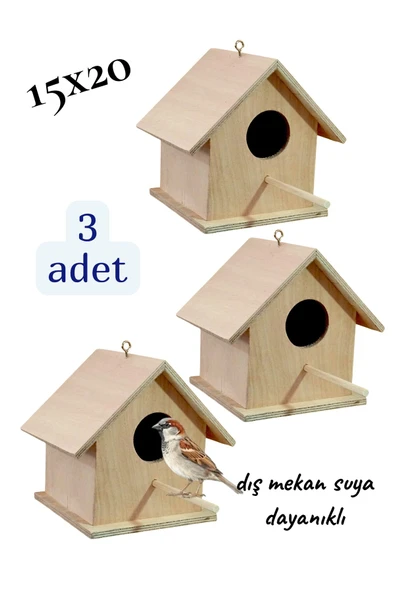 Ahşap Kayın Kuş Yuvası Kuş Evi Dış Mekan Suya Dayanıklı 3 Adet 15x15x20 Cm ürün görseli 1