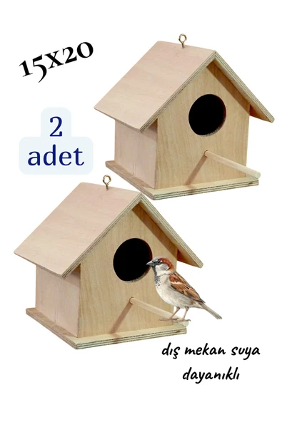 Ahşap Kuş Yuvası Kuş Evi Dış Mekan Suya Dayanıklı 2 Adet 15x15x20 Cm ürün görseli 1